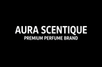 Write "AURA SCENTIQUE" "PREMIUM PERFUME BRAND" in Black Background with white writeup in bold large fonts